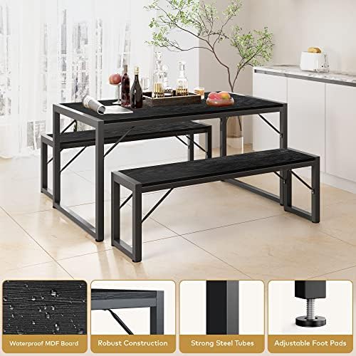 Gizoon 45.5" Dining Table Set for 4, Kitchen Table with 2 Benches Black - Image 5