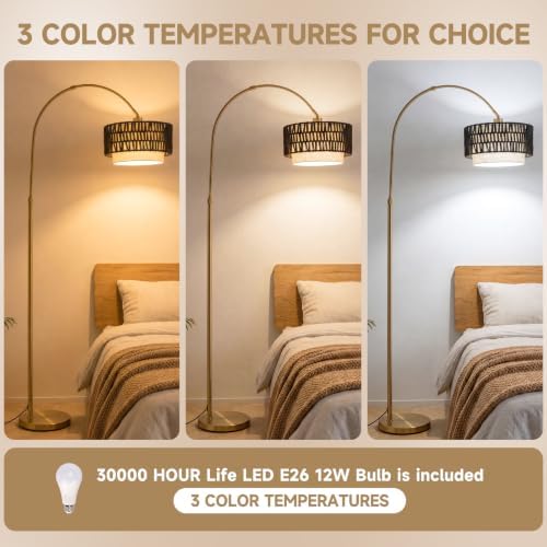 Arc Floor Lamp for Living Room with 12W Bulb,61.5"-72.4" Height Adjustable Rattan Floor Lamps with 3 Color Temps, Farmhouse Arched Standing Lamp,Boho Floor Lamp, Arched Floor Lamps for Bedroom, Office - Image 2