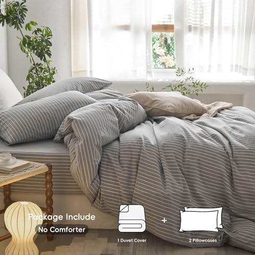 MooMee Striped Duvet Cover Set 100% Washed Cotton Linen Like Alaska King - Image 2