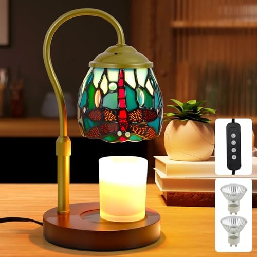 Candle Warmer Lamp Tiffany Style Dragonfly, with Timer Dimmer Adjustable Height, Stained Glass Candle Warmer Lamp with 2 Bulbs, Vintage Home Decor Gift, Wax Melt Warmer for Scented Jar Candles by XIFEINIU