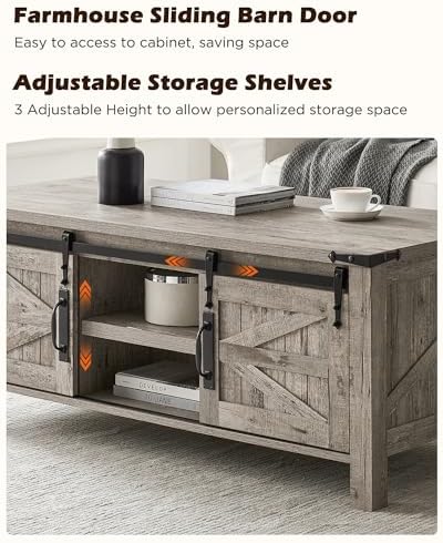 OKD 48" Farmhouse Lift Top Coffee Table Sliding Barn Door, Light Rustic Oak - Image 6