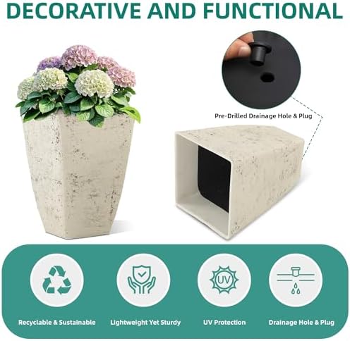 Autodaya Resin 19" Tall Planters Set of 2 Plant Pots, Country White Square - Image 4