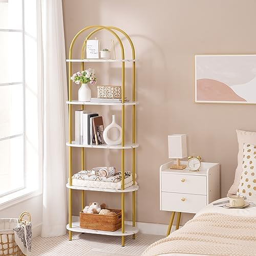 HOOBRO 5 Tier Open Bookshelf, Industrial Arched Bookcase Display Shelf Rack, Wooden Bookcase Storage Shelf Metal Frame, Tall Storage Organizer for Home, Easy Assembly, Gold DM176SJ01 - Image 7