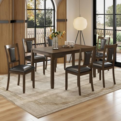 Zevemomo 7-Piece Solid Wood Dining Table Set, Dining Table Set for 6,Walnut by Zevemomo
