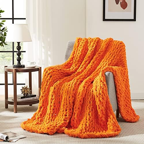 L'AGRATY Chunky Knit Throw Blanket for Couch 72'' x 84'' Knit Throw, Orange by LAGRATY