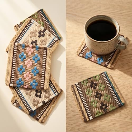Boho Woven Coasters Set of 6, Absorbent Drink Coasters for Coffee Table, Rustic Farmhouse Table Decor, Southwestern Aesthetic, Handmade Style, Housewarming Gift by Daisy+%26+Dino