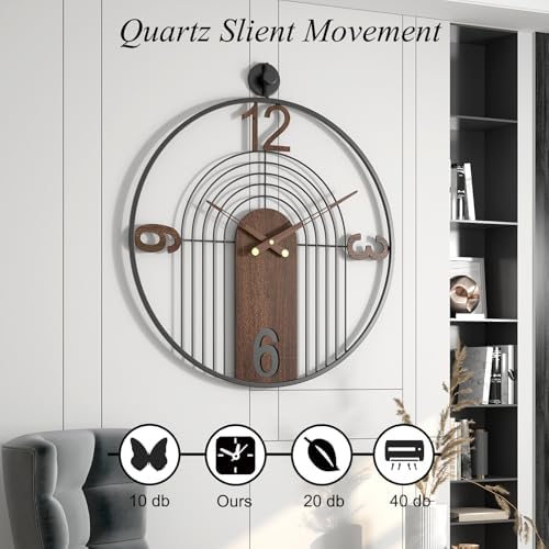 Large Modern Walnut Dial Wall Clock, Wood Metal Frame Silent Non Ticking Decoration Wall Clocks for Living Room, Bedroom, Kitchen, Study, Handmade Home Decor Gift Idea, 26.4 Inch - Image 4