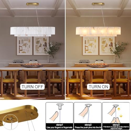 L40in Alabaster Rectangular Chandelier for Dining Room, Modern White Marble Oval Chandeliers for Kitchen Island, Rectangle Chandelier for Dining Table (Dimmable Bulbs INCL) - Image 4