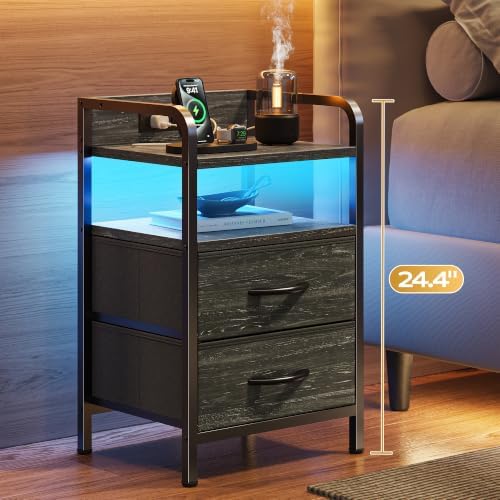 Huuger Nightstands Set of 2, Night Stand with LED Lights, Charging Station - Image 3