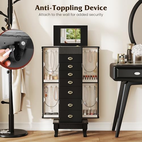DREAMADE Jewelry Armoire, Standing Jewelry Box w/Mirror & 7 Drawers, Black - Image 6