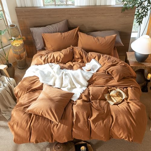 MooMee Wavy Striped Duvet Cover Set 100% Washed Cotton Linen Like Textured Breathable Durable Soft Comfy (Dark Orange, Super King 108"x98") - Image 5