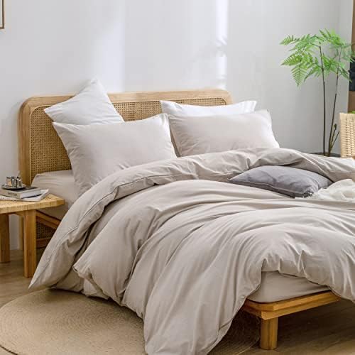BESTOUCH Cotton Solid Duvet Cover Set Linen Feel Linen Grey Queen - Image 5
