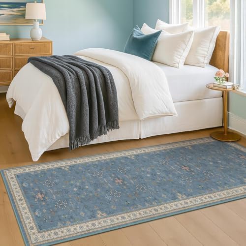 Light Blue 2x7 Washable Kitchen Runner - Boho Non Slip Runner Rug for Hallway, Bedroom Beside Bed,Entryway, Low Pile Floral Eclectic Unique Runner Décor - Image 3