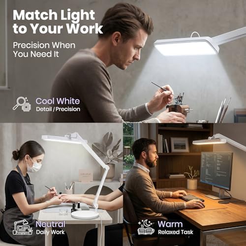 Neatfi XL 2,500 Lumens 30W LED Task Lamp with Base | 324 SMD LEDs | CCT | 5 Light Modes | 3000K–6000K | Dimmable | Adjustable Arm with Clamp | Desk Light for Home (White-2, 22-Inch Wide Shade) - Image 3