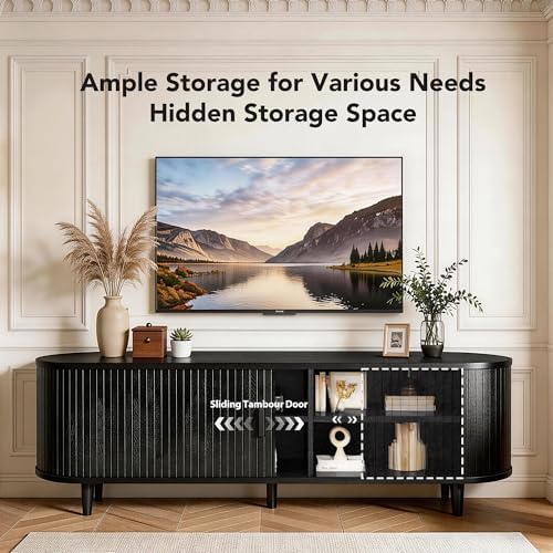 MXV 65" TV Stand with Sliding Doors for Living Room, Mid Century Modern Entertainment Center, TV Console with Fluted Door Cabinets and Power Outlet, Black - Image 2
