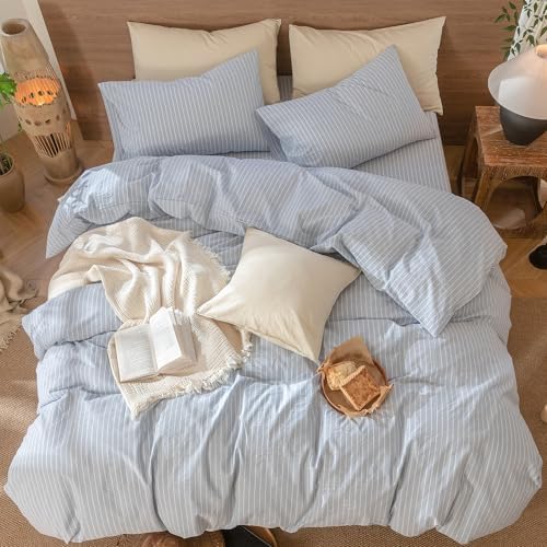 MooMee Striped Duvet Cover Set 100% Washed Cotton Linen Like - Image 5