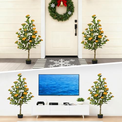 2-Pack 4FT Artificial Camellia Tree,Realistic Fake Potted Plants with Flowers&Planters,Indoor/Outdoor Faux Flowering Trees for Home,Office,Porch,Wedding,and Housewarming Gift Decor,Orange - Image 5