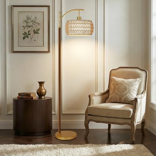 AHDWDW Arc Gold Floor Lamp for Living Room with Remote,Farmhouse Boho Floor Lamps with Timer,Rustic Standing Lamp with Hand-woven Rattan Wicker Shade and Fabric,Adjustable Tall Lamp for Bedroom,Corner - Image 7