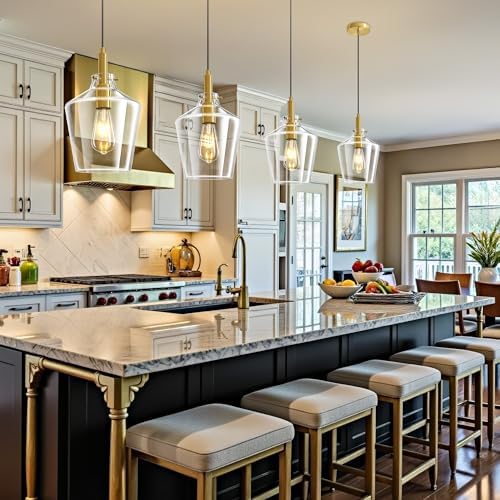 Glass Pendant Lighting for Kitchen Island Entryway 2 Pack Gold Clear 8 Inch - Image 2