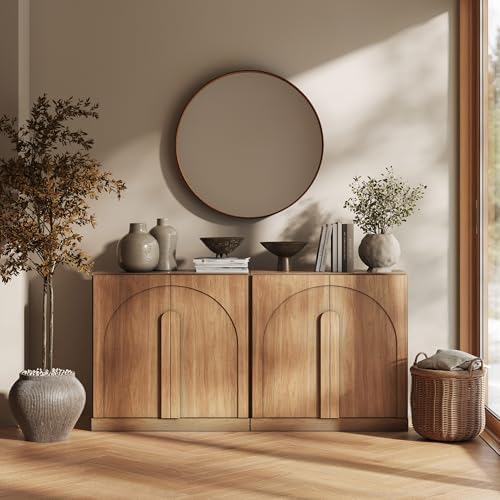 BELLEZE Set of 2 Modern Buffet Cabinets (63" Wide)-Large Sideboard Credenza with Arched Doors-Seamless Hidden Storage Console for Kitchen & Living Area-Camel by BELLEZE