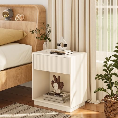 Fluted Nightstands Set of 2, Modern Bedside Table with Drawer and Storage Shelf, Wood End Table Mid Century Night Stands for Bedroom Living Room Sofa Couch Office (White) - Image 3