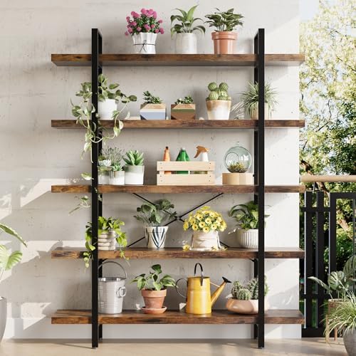 2PCS Heavy Duty 5 Tier Industrial Bookcase for Home Office, Rustic Brown - Image 5