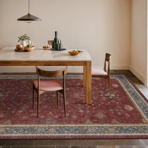 6x9 Dining Room Rugs for Under Table - Vintage Burgundy Boho Living Room Rug, Lightweight Washable Foldable Low Pile Carpet,Southwestern Bed Room Décor Aesthetic by HazoHaus