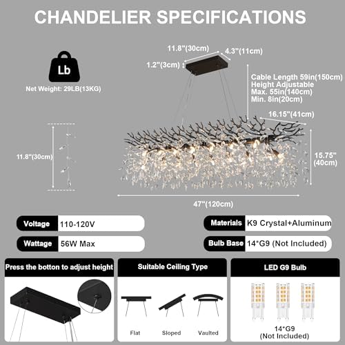 YUYI 47" Black Crystal Chandelier, 14-Light Modern Tree Branch Chandeliers for Dining Room, Luxury Rectangular Chandelier for Kitchen Island, Living Room, Foyer, K9 Crystal Raindrop Light Fixture - Image 4