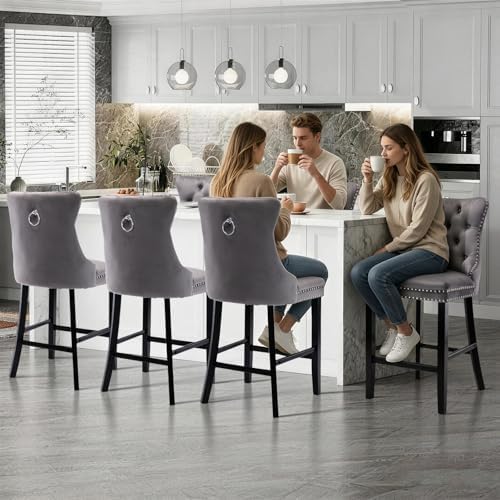 SoarFlash Modern Velvet Upholstered Bar Stools Set of 6 with Wood Legs, Button Tufted,Chrome Nailhead, Counterstool Seat, Armless Bar Chairs (Gray) - Image 5
