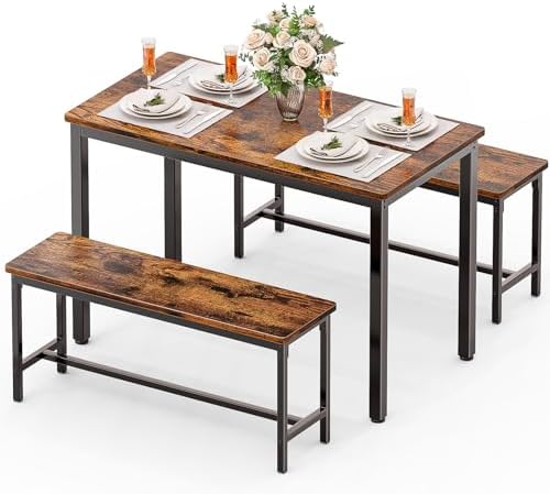Dining Table Set for 4, Kitchen Table with 2 Benchs, Brown - Image 3