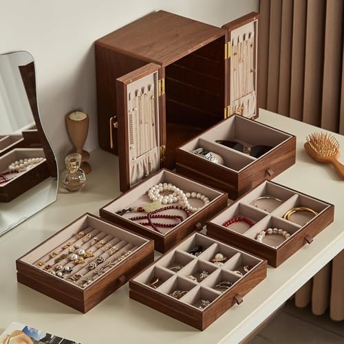 CHOSIN 5 Layer Wood Jewelry Box with Ginkgo Brass Handle & Magnetic Closure - Image 4