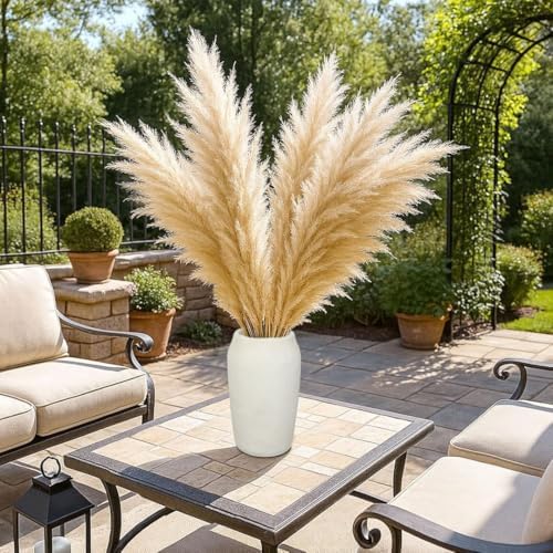 Briful 12'' Large Ceramic Rustic Vases Shabby Vintage Textured, 4.36'' Wide Mouth Pampas Vase for Fake Flowers Branches, Farmhouse Home Décor, Weddings Shelf Table Decor,Beige - Image 2