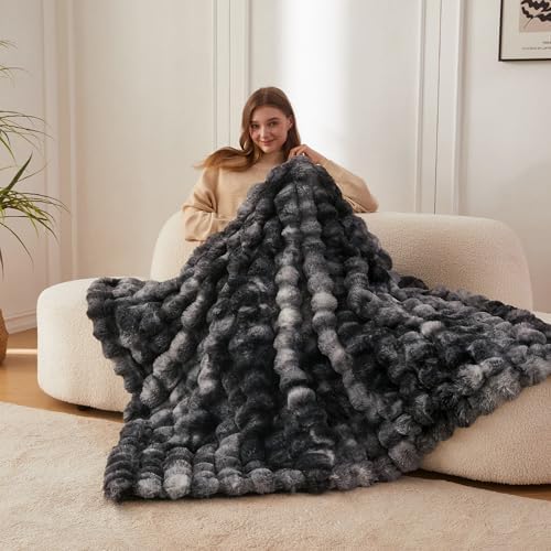 COOVA Soft Bubble Faux Fur Throw Blanket, 50"x60", Tie-dye Black - Image 2