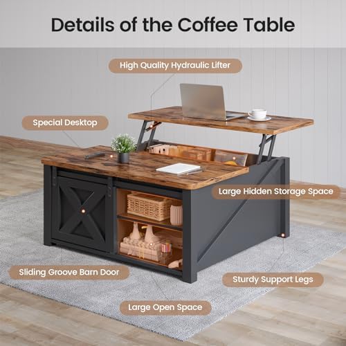 SEDETA 31.5" Lift Top Coffee Table with Storage, Square Coffee Tables for Living Room, Farmhouse Coffee Table with Large Hidden Storage Compartment and Adjustable Shelves, Black - Image 3