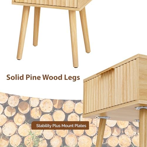 VINGLI Nightstands Set of 2, Fluted Night Stand with Drawer, Bedside Table, Wood Nightstand for Bedroom, Mid Century Modern End Tables, Natural Oak, 18.9" W*14.96" D*24" H - Image 6