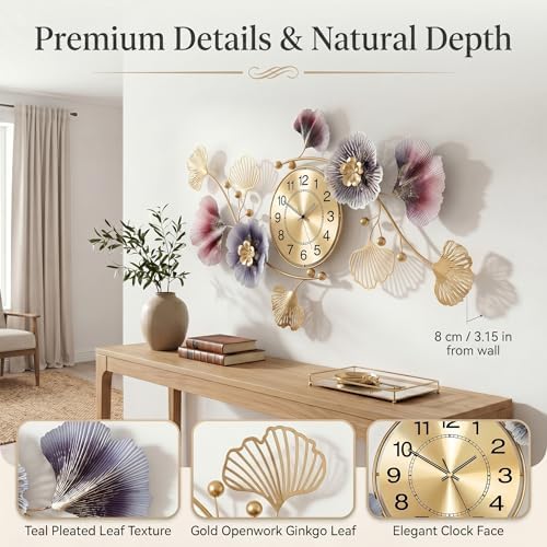 36" 3D Ginkgo Leaf Metal Wall Clock for Home Wall Decor - Image 2