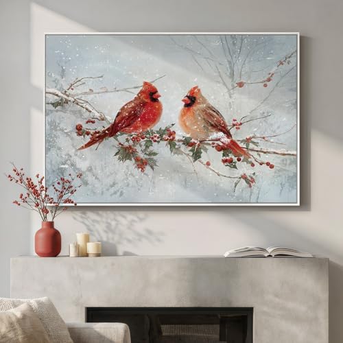 Framed Modern Red Bird Landscape Wall Art, Large Nature Animal Canvas Prints Paintings Artwork for Walls, Cardinal Farmhouse Pictures for Living Room Bedroom Dining Room Hallway Wall Decor 24x36 In by Cuspin