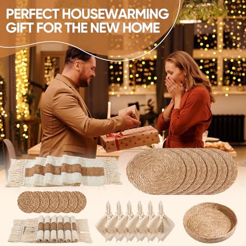 32 Pcs Boho Placemats Table Setting Set (6 Sets),Hand-Woven Natural Water Hyacinth Mats,Cloth Napkins,Napkin Rings,Linen Runner,Storage Basket&Coasters,Boho Kitchen Decor Dining Table Decor - Image 7