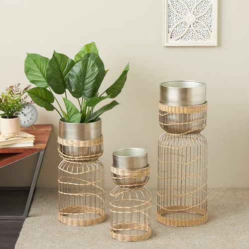 Deco 79 Metal Indoor Planter Textured Dome Large Planter Pot with Woven Rattan and Caged Rod Pedestal Base, Set of 3 Planters 30", 23", 18" H, Silver - Image 2