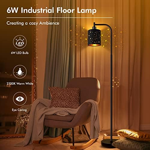 Gothic Industrial Floor Lamp with Starry Laser Cut Shade, 67" Black Metal Standing Lamp with 6W LED Bulb,Foot Switch, Perfect Halloween Spooky Home Decor,Tall Floor Lamp for Bedroom, Living Room,Black - Image 2