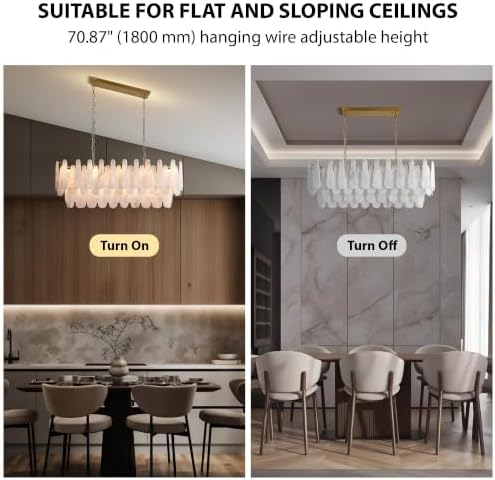 Chandeliers for Dining Room, L47.2 in Modern Alabaster Rectangle Brass Chandelier, 4-Tiers Luxury Natural Stone Ceiling Light Fixture, White Marble Chandeliers for Kitchen Island Living Room Bedroom - Image 5