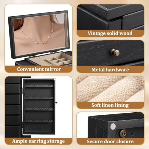 Emfogo Wooden Jewelry Box for Women, 6-Tier Large Jewelry Organizer Boxes with Mirror Rustic Solid Wood jewlery Storage for Rings Earrings Necklaces Bracelets watches(Black) - Image 7