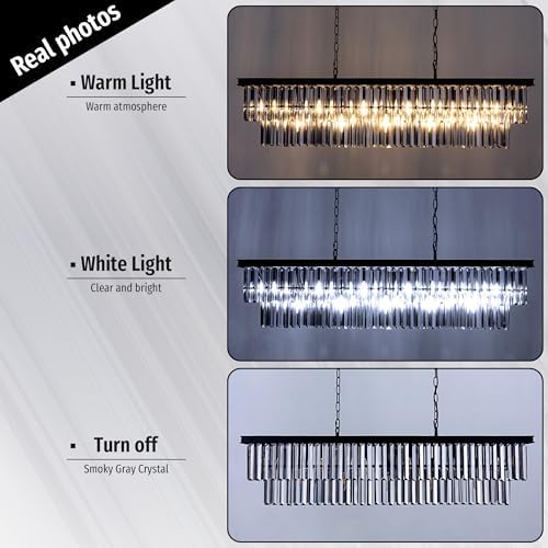 Wellmet Crystal Chandelier 47 inch, 11-Light Modern Smoke Grey Rectangular Crystal Chandelier Ceiling Hanging, Linear Chandeliers Light Fixture for Living Room, Dining Room, Bedroom, Kitchen Island - Image 5