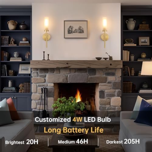 Shenmoyl Battery Operated Wall Sconces Set of 2, Gold Rechargeable Wall Lighting Fixtures, Dimmable Wall Lights with Remote & Opal Glass Shade for Living Room, Bathroom,Bedroom - Image 2