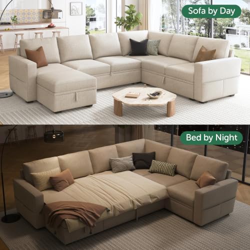 HONBAY Modular Sectional Sleeper Sofa with Pull Out Bed, U Shaped Sectional Couch with Storage Ottoman, Sleeper Sectional Couches for Living Room, Beige - Image 3