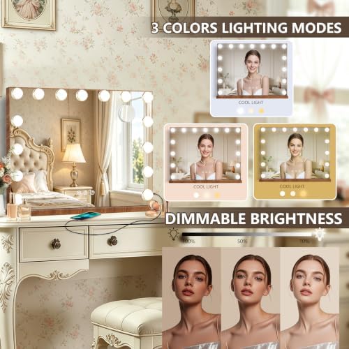 Ratsamee Wood Grain Hollywood Vanity Mirror with Lights, 15 Dimmable Bulbs, 3 Color Lights,Make Up Lighted Mirror, Aluminum Metal Frame, USB Charging Port（23" x 18"） - Image 3