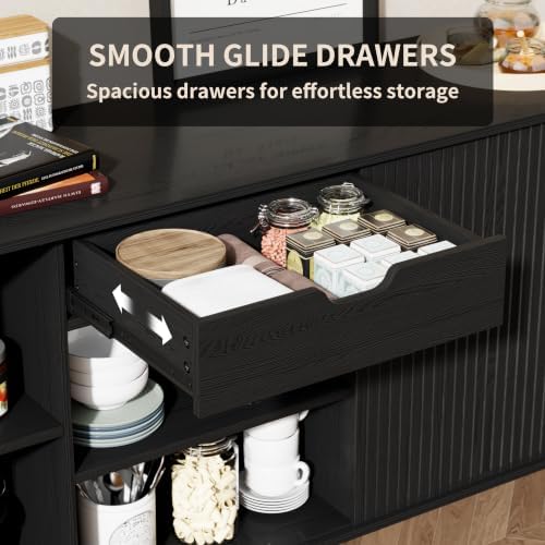 71" Sideboard Buffet Cabinet with Storage,Large Credenza with Sliding Doors and 1 Drawer,Mid Century Modern Coffee Bar Cabinet with Adjustable Shelves for Dining Room, Kitchen, Living Room (Black) - Image 4