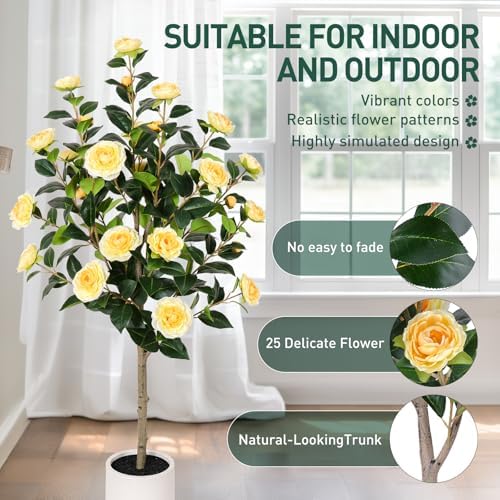 Yepdin 47 inch Artificial Camellia Tree with White Flower Pots - 2 Pack Yellow Tall Fake Plants,4 Ft Artificial Plants Indoor wich Blooming,Faux Plants Indoor for Outdoor Front Home Door - Image 5
