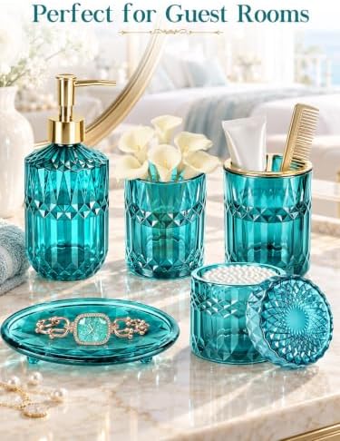 Haturi Teal Bathroom Accessories Set, Glass Bathroom Set and Decor, 5 Pcs - Image 6