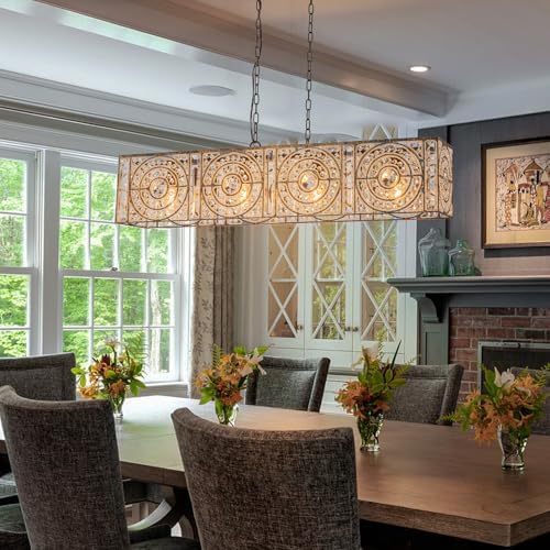 4-Lights Rectangle Crystal Chandelier for Dining Room, 42.12" Vintage Bronze Finish Large Chandeliers for High Ceilings, Flush Mount Pendant Light for Living Room Kitchen Island Bar - Image 4